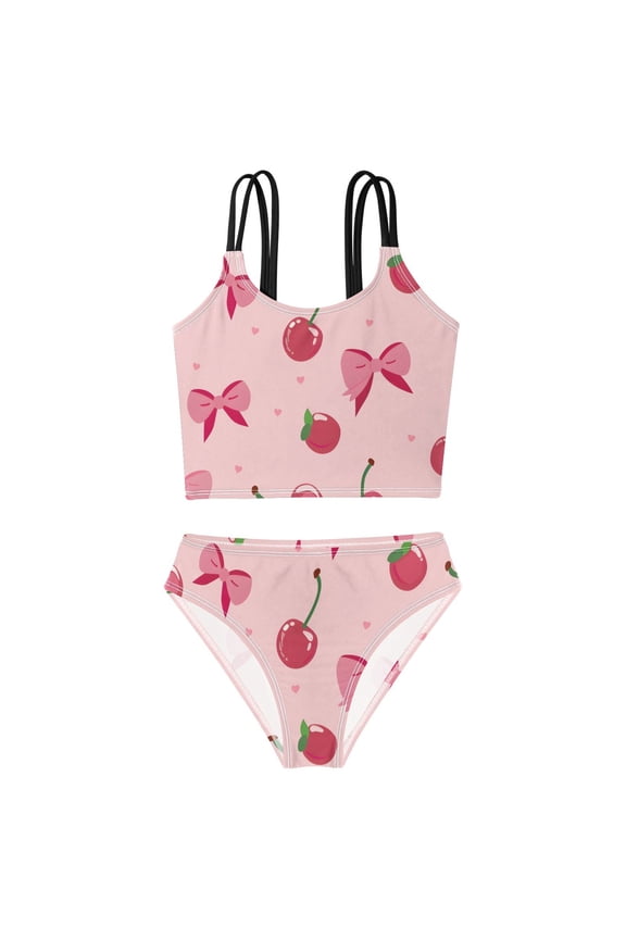 Swimsuit 2-Piece Tank Swimming Wear Quick Dry Bathing Suit-Pink Bows Cherries Pattern Printed