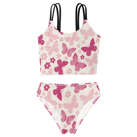 DALAWU Swimsuit 2-Piece Tank Swimming Wear Quick Dry Bathing Suit-Pink Butterfly Printed