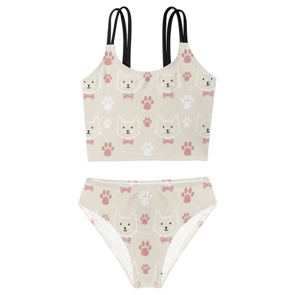 DALAWU Swimsuit 2-Piece Tank Swimming Wear Quick Dry Bathing Suit-Pink Cat Paws Printed