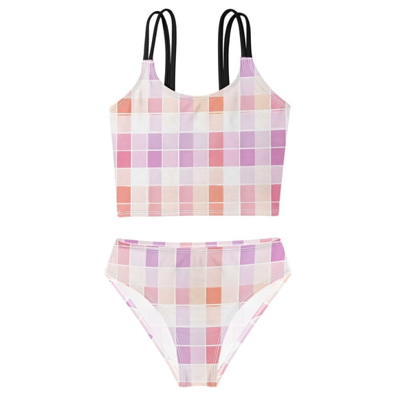 DALAWU Swimsuit 2-Piece Tank Swimming Wear Quick Dry Bathing Suit-Pink Checkered Pattern Printed