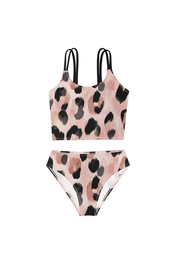 Swimsuit 2-Piece Tank Swimming Wear Quick Dry Bathing Suit-Pink Leopard Pattern Printed