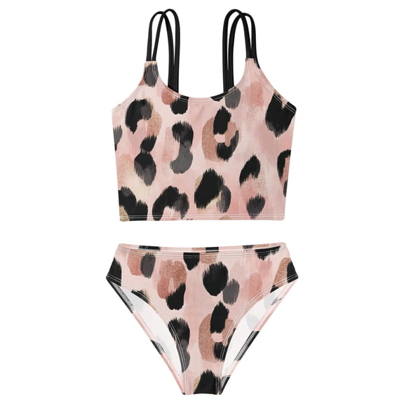 DALAWU Swimsuit 2-Piece Tank Swimming Wear Quick Dry Bathing Suit-Pink Leopard Pattern Printed