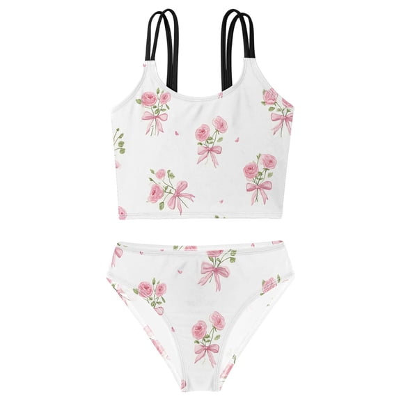 DALAWU Swimsuit 2-Piece Tank Swimming Wear Quick Dry Bathing Suit-Pink Rose with Bow Printed