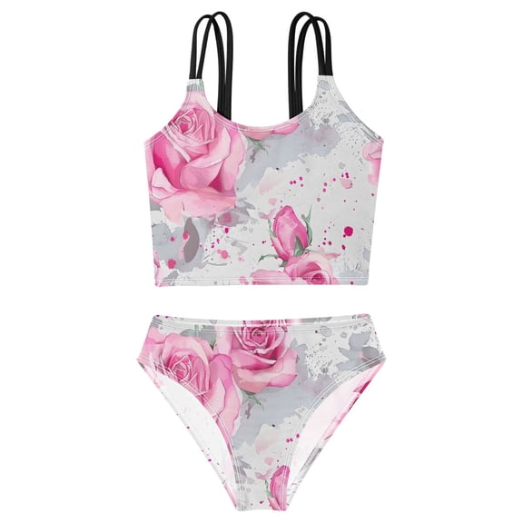DALAWU Swimsuit 2-Piece Tank Swimming Wear Quick Dry Bathing Suit-Pink Roses Pattern Printed