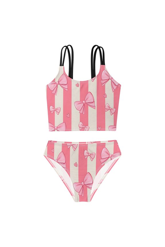 Swimsuit 2-Piece Tank Swimming Wear Quick Dry Bathing Suit-Pink Striped Background Bow Pattern Printed