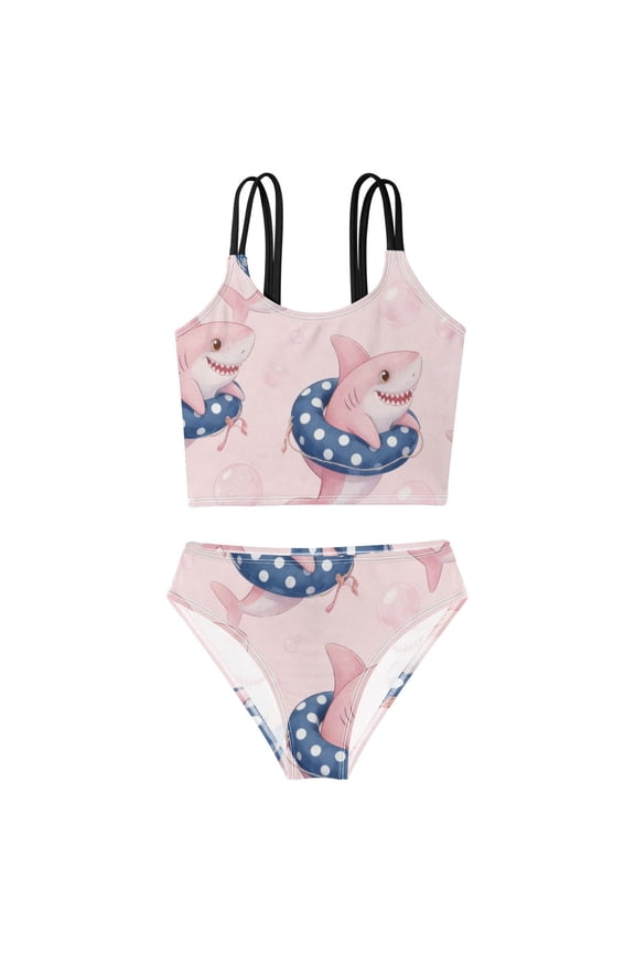 Swimsuit 2-Piece Tank Swimming Wear Quick Dry Bathing Suit-Pink Swim Shark Printed