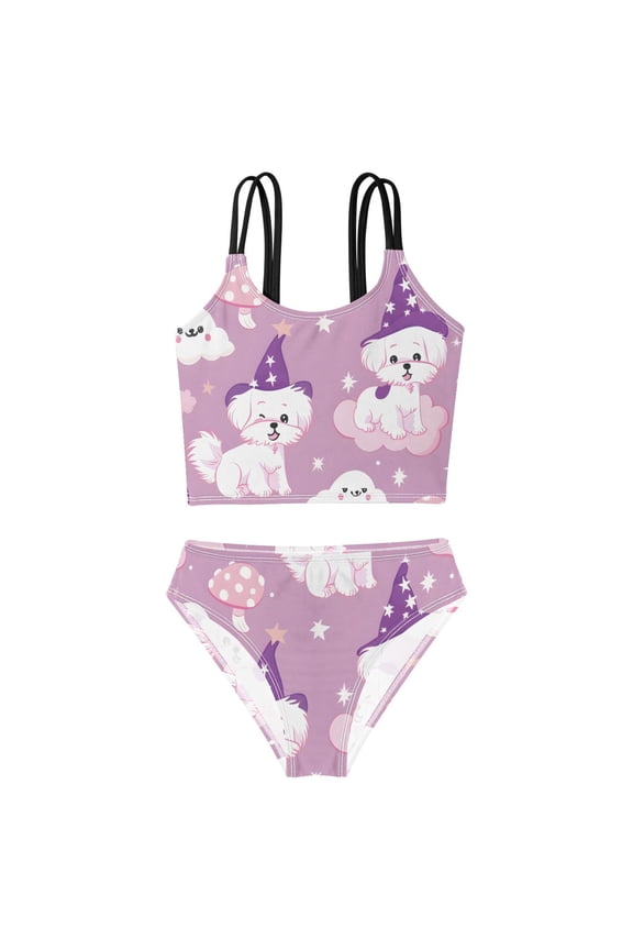 Swimsuit 2-Piece Tank Swimming Wear Quick Dry Bathing Suit-Puppy Magic Hat Pattern Printed