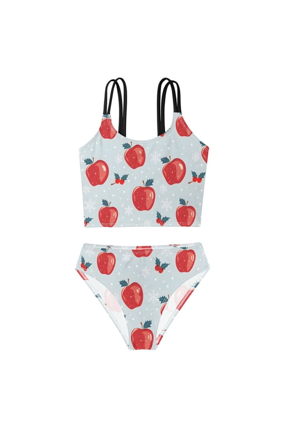 Swimsuit 2-Piece Tank Swimming Wear Quick Dry Bathing Suit-Red Cherry Apple Pattern Printed