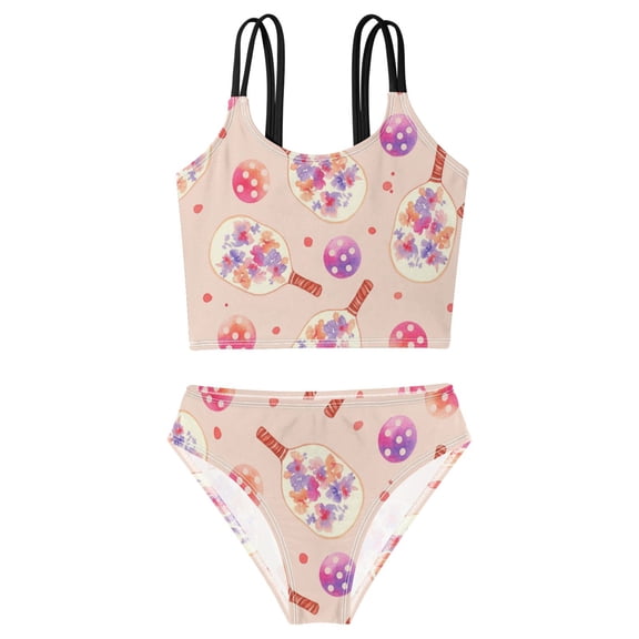 DALAWU Swimsuit 2-Piece Tank Swimming Wear Quick Dry Bathing Suit-Red Pickleball Paddles Flowers Printed