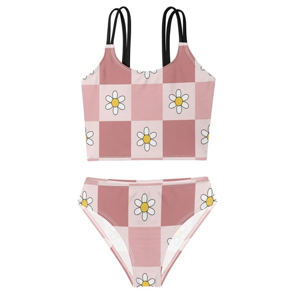 DALAWU Swimsuit 2-Piece Tank Swimming Wear Quick Dry Bathing Suit-Retro Blush Checkered Daisy Printed