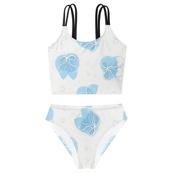 DALAWU Swimsuit 2-Piece Tank Swimming Wear Quick Dry Bathing Suit-Sky Blue Bow Printed