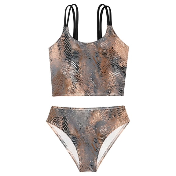 DALAWU Swimsuit 2-Piece Tank Swimming Wear Quick Dry Bathing Suit-Snake Skin Pink Gray Pattern Printed