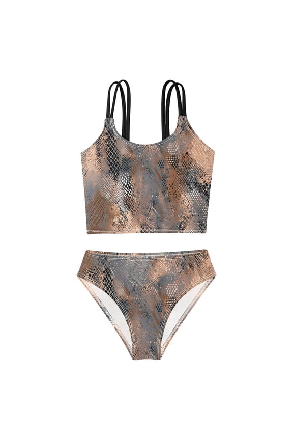 Swimsuit 2-Piece Tank Swimming Wear Quick Dry Bathing Suit-Snake Skin Pink Gray Pattern Printed