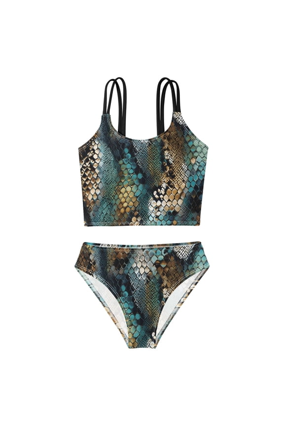 Swimsuit 2-Piece Tank Swimming Wear Quick Dry Bathing Suit-Snake Skin Print Fabric Pattern Printed