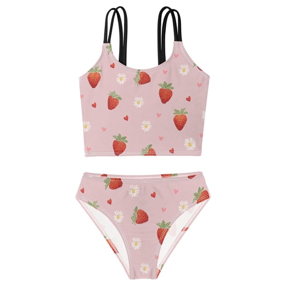DALAWU Swimsuit 2-Piece Tank Swimming Wear Quick Dry Bathing Suit-Strawberry Daisy Pattern Printed