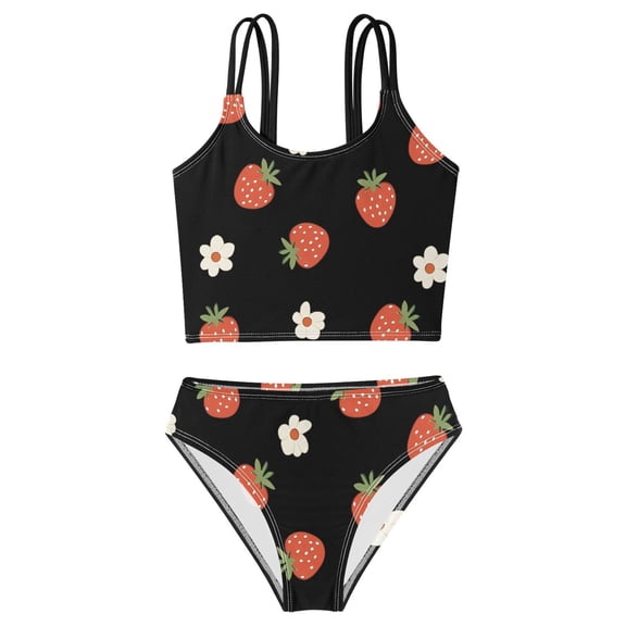 DALAWU Swimsuit 2-Piece Tank Swimming Wear Quick Dry Bathing Suit-Strawberry Flower Pattern Printed