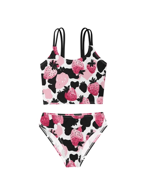 Swimsuit 2-Piece Tank Swimming Wear Quick Dry Bathing Suit-Strawberry Leopard Print Pattern Printed