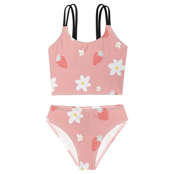 DALAWU Swimsuit 2-Piece Tank Swimming Wear Quick Dry Bathing Suit-Strawberry White Flower Pattern Printed