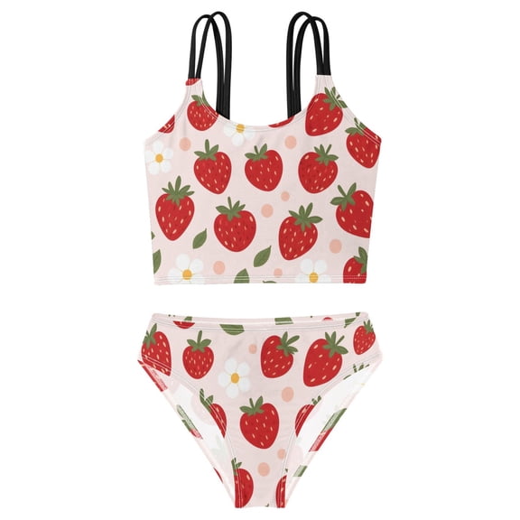 DALAWU Swimsuit 2-Piece Tank Swimming Wear Quick Dry Bathing Suit-Strawberry White Flower Polka Dots Pattern Printed