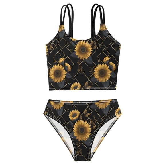 DALAWU Swimsuit 2-Piece Tank Swimming Wear Quick Dry Bathing Suit-Sunflowers and Golden Pattern Printed