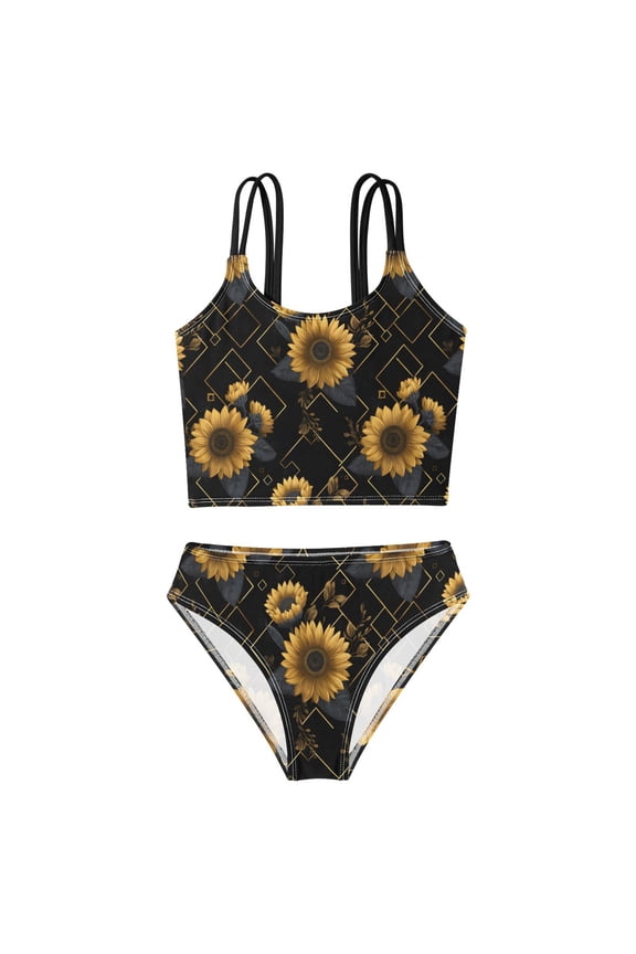 Swimsuit 2-Piece Tank Swimming Wear Quick Dry Bathing Suit-Sunflowers and Golden Pattern Printed