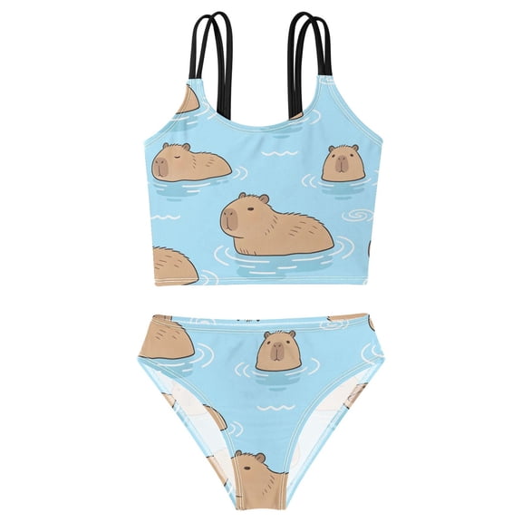 DALAWU Swimsuit 2-Piece Tank Swimming Wear Quick Dry Bathing Suit-Swimming Capybara Pattern Printed