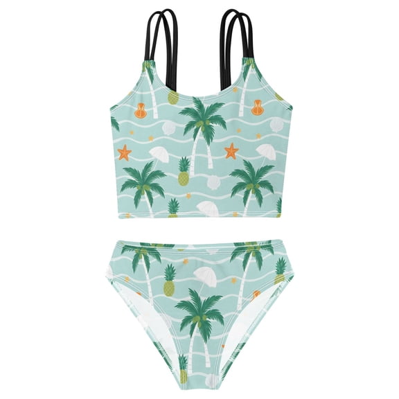 DALAWU Swimsuit 2-Piece Tank Swimming Wear Quick Dry Bathing Suit-Tropical Coast Pattern Printed