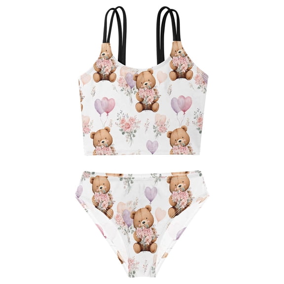DALAWU Swimsuit 2-Piece Tank Swimming Wear Quick Dry Bathing Suit-Watercolor Brown Teddy Pattern Printed