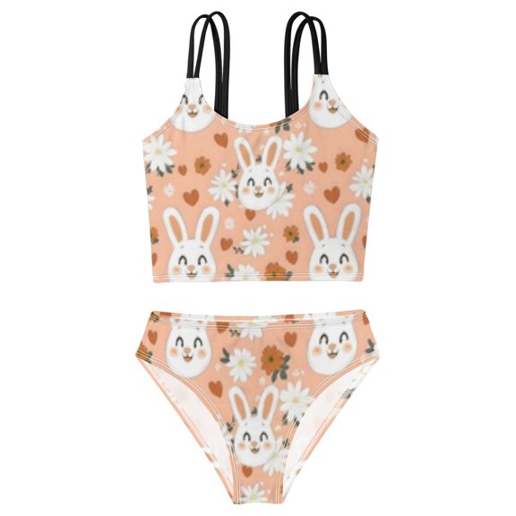 DALAWU Swimsuit 2-Piece Tank Swimming Wear Quick Dry Bathing Suit-White Bunny Daisy Pattern Printed