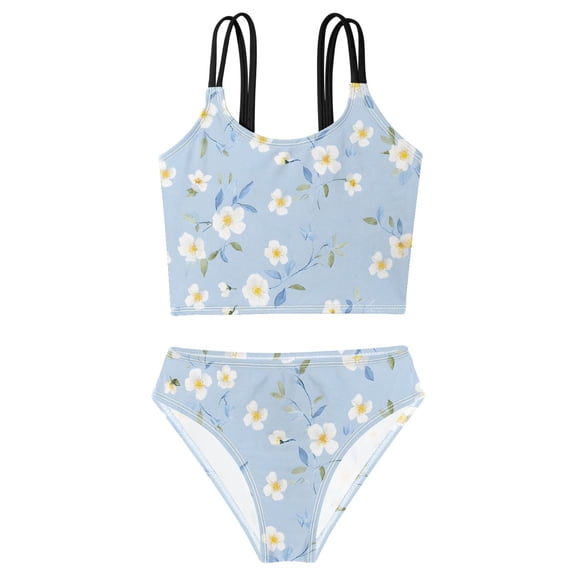 DALAWU Swimsuit 2-Piece Tank Swimming Wear Quick Dry Bathing Suit-White Flower Printed