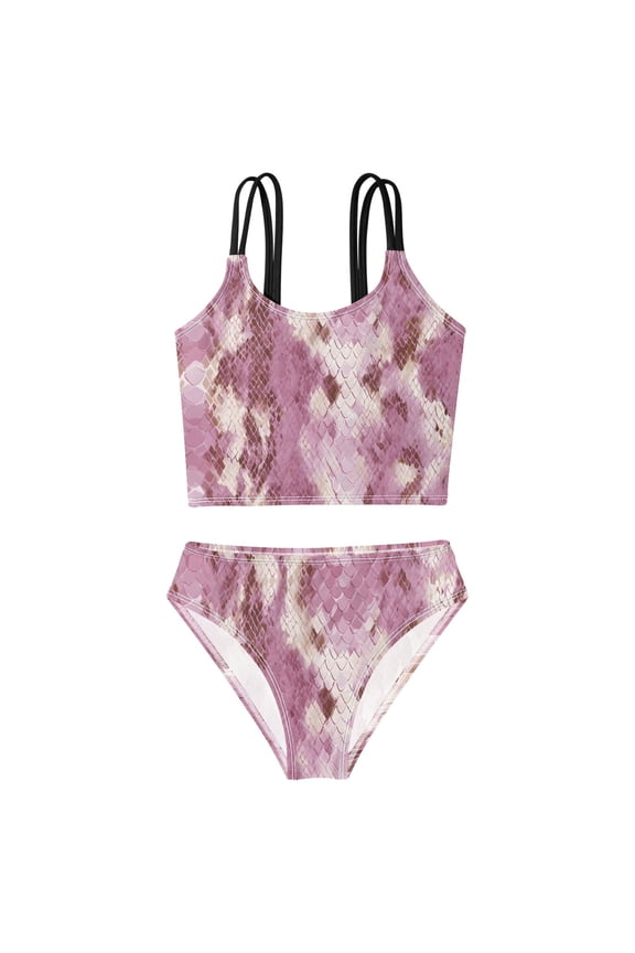 Swimsuit 2-Piece Tank Swimming Wear Quick Dry Bathing Suit-White Pink Snake Skin Pattern Printed