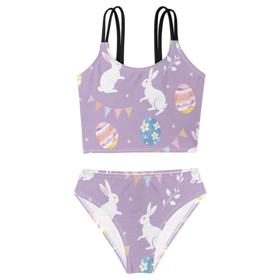 DALAWU Swimsuit 2-Piece Tank Swimming Wear Quick Dry Bathing Suit-White Rabbit Colorful Easter Egg Pattern Printed