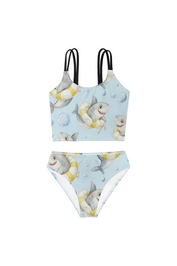 Swimsuit 2-Piece Tank Swimming Wear Quick Dry Bathing Suit-Yellow Ring Shark Printed