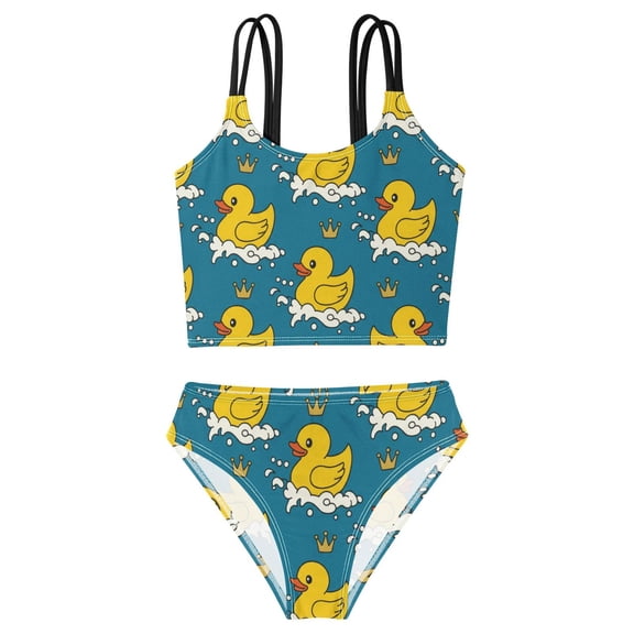 DALAWU Swimsuit 2-Piece Tank Swimming Wear Quick Dry Bathing Suit-Yellow Rubber Duck and Golden Crown Printed