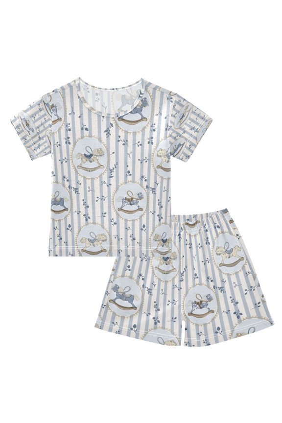 Vintage Carousel Stripe Cotton Short Sleeve Pajama Set Breathable