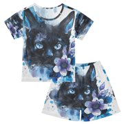 DALAWU Watercolor Black Cat Cotton Short Sleeve Pajama Set Breathable