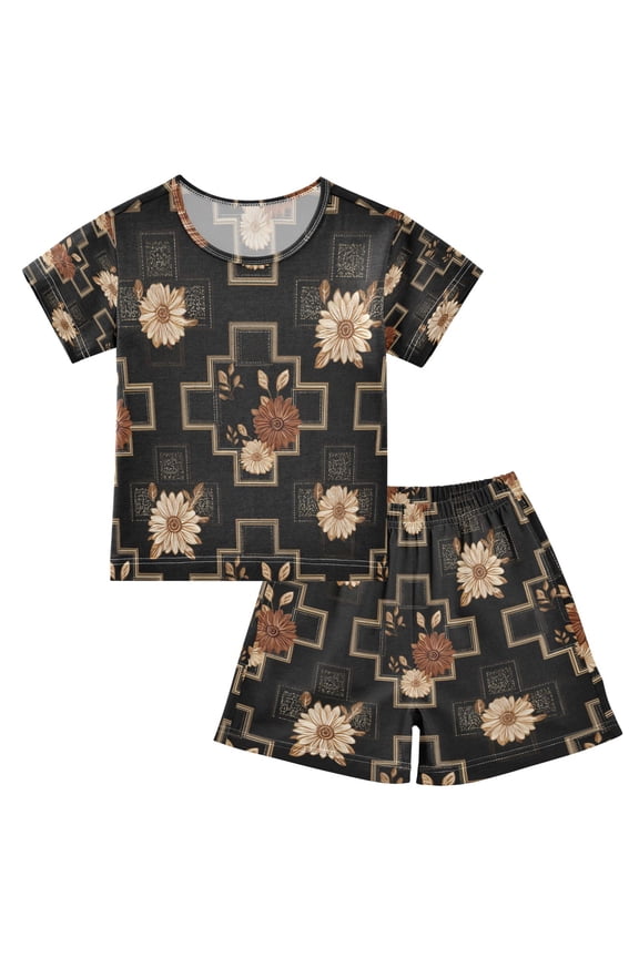Zigzag Daisy Noir Cotton Short Sleeve Pajama Set Breathable