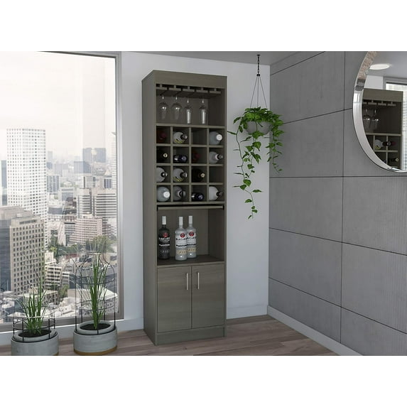 Bar Cabinet, Concealable Serving Tray, Sixteen Built-in Wine Rack, One Shelf, Double Door -Smokey Oak