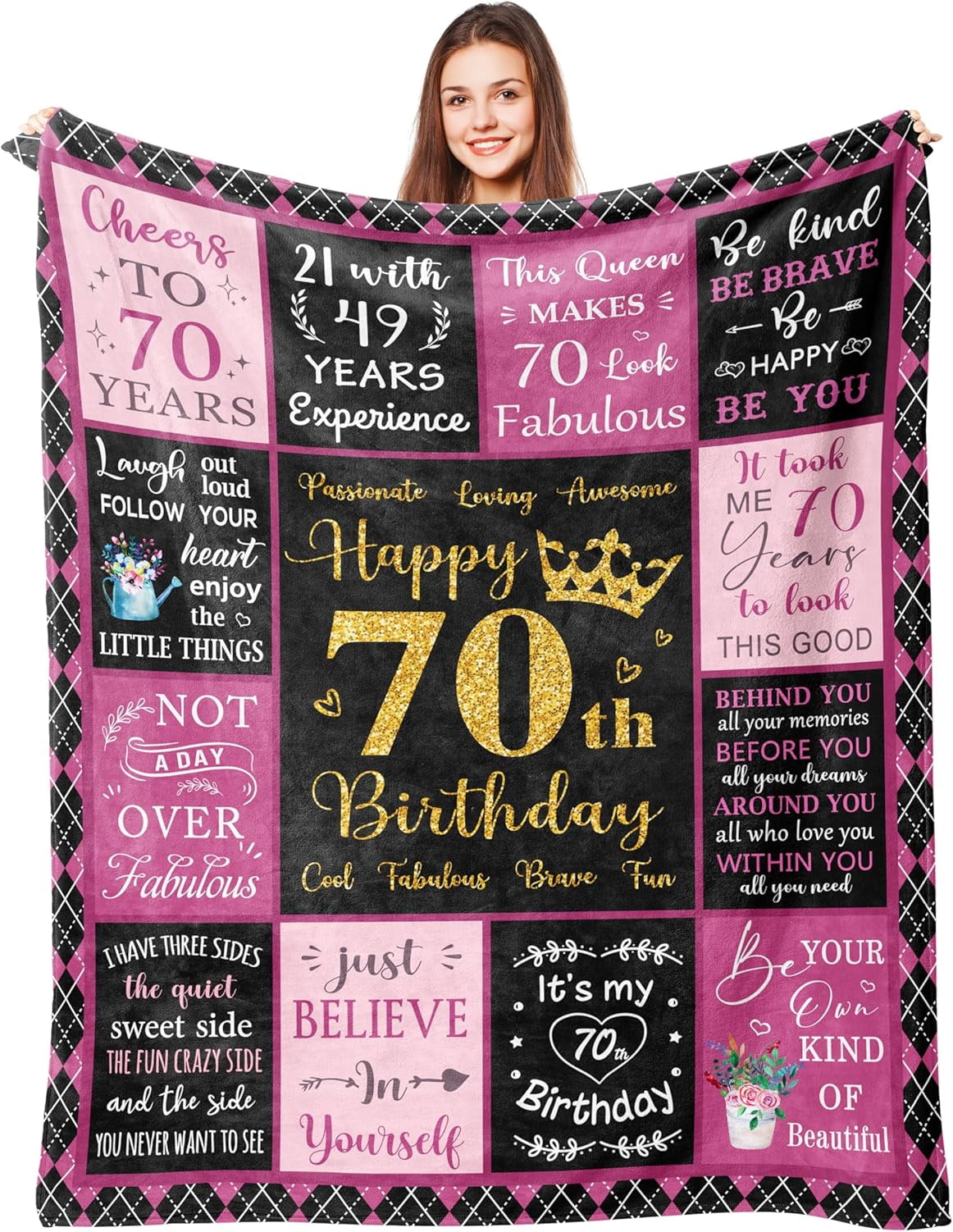 70th Birthday Blanket For Women - Pink Birthday Gift For 70 Year Old Woman, Soft Faux Flannel Throw, 60"x50"