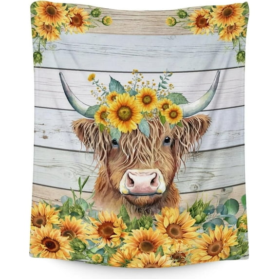 LHSHID Blanket for Girls Women - 60x80 Inches Aesthetic Highland Cow Throw Blanket for Kids Teens Adults - Yellow Soft Fuzzy Sunflower Blankets Decor for Bed Couch Sofa