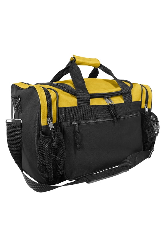 17" Duffle Travel Bag with Water Bottle Mesh Pockets in Gold