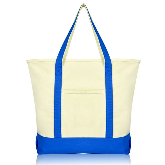 DALIX 22" Extra Large Cotton Canvas Zippered Shopping Tote Grocery Bag in Royal Blue
