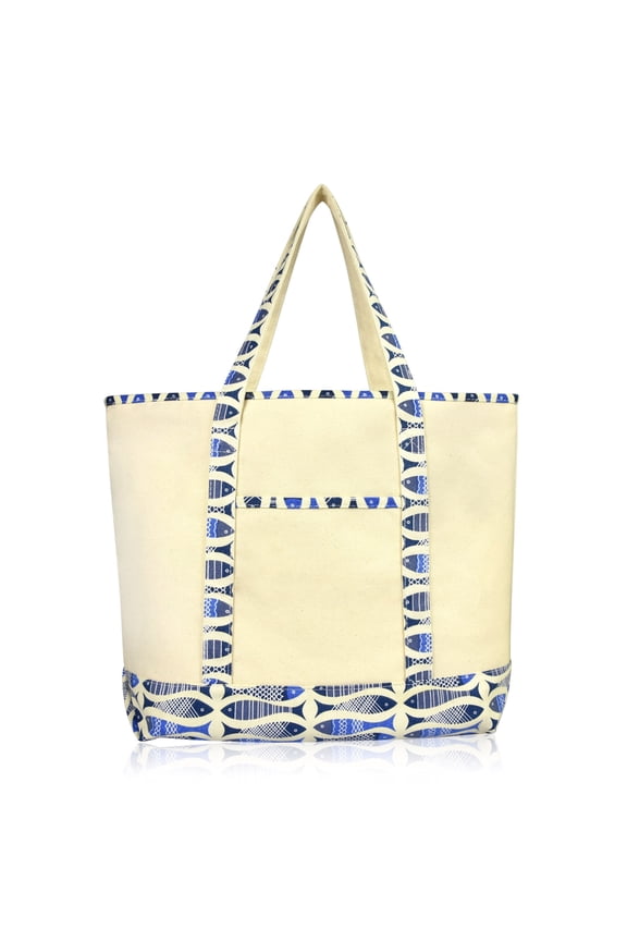 22" Shopping Tote Bag Heavy Cotton Canvas (Zippered Top) Blue Antique Fish