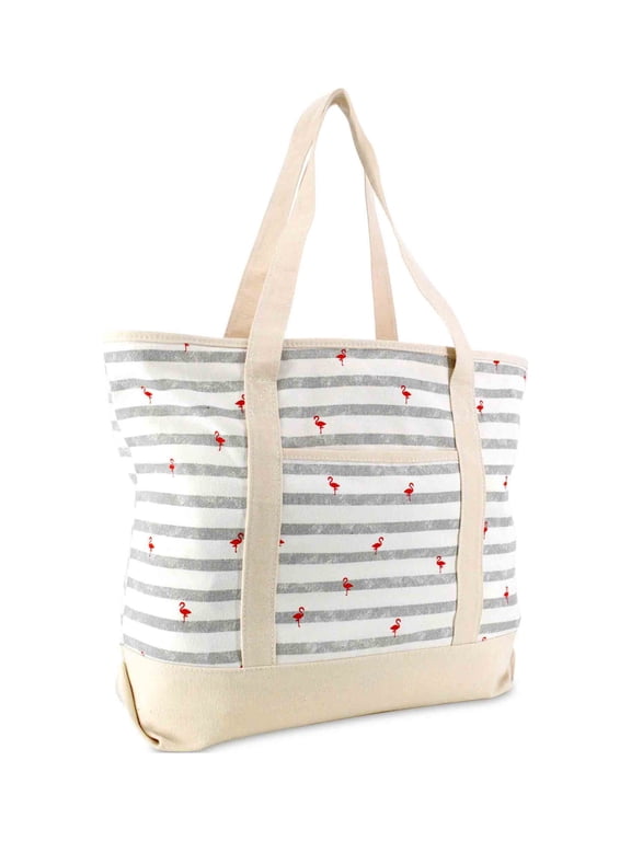 22" Shopping Tote Bag in Heavy Cotton Canvas (Zippered Top) Gray Flamingo