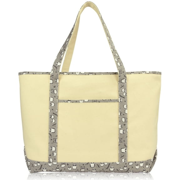 DALIX 23" Extra Large Gray Owl Tote Shoulder Bag Natural Cotton Canvas