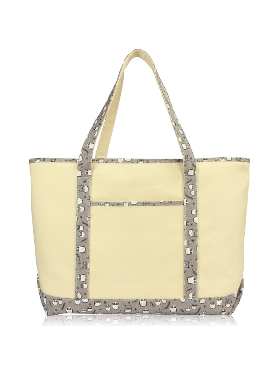 23" Extra Large Gray Owl Tote Shoulder Bag Natural Cotton Canvas