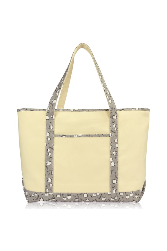 23" Extra Large Gray Owl Tote Shoulder Bag Natural Cotton Canvas