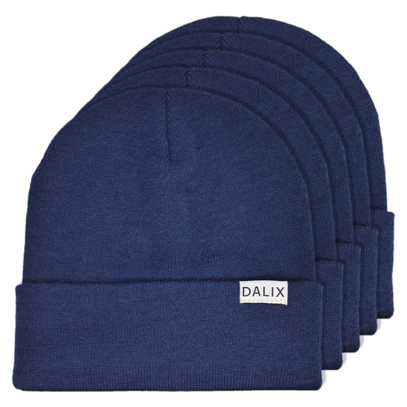 DALIX Adult 12" Cuff Beanie Cap 5 Pack in Navy Blue