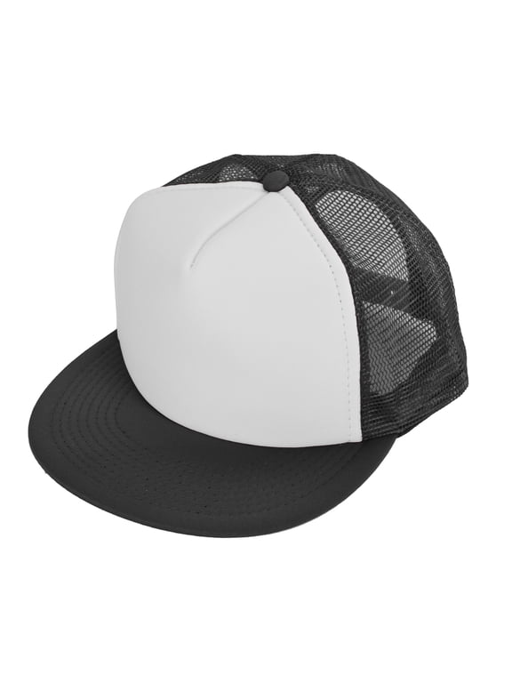 Classic Trucker Cap Flat Bill Adjustable Snapback 5 Panel Plain Hat Black/White