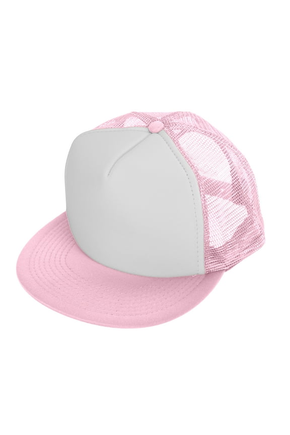 Classic Trucker Cap Flat Bill Adjustable Snapback 5 Panel Plain Hat Light-Pink-White